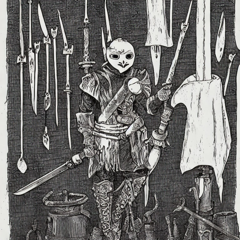 Monochrome illustration of bird-like warrior in armor with sword and medieval weapons.