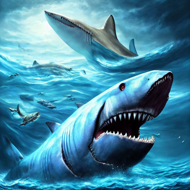 Realistic digital painting of two ferocious sharks underwater