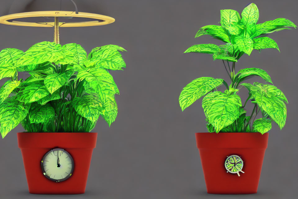 Green leaf potted plants with clock and compass, under chandelier on gray backdrop