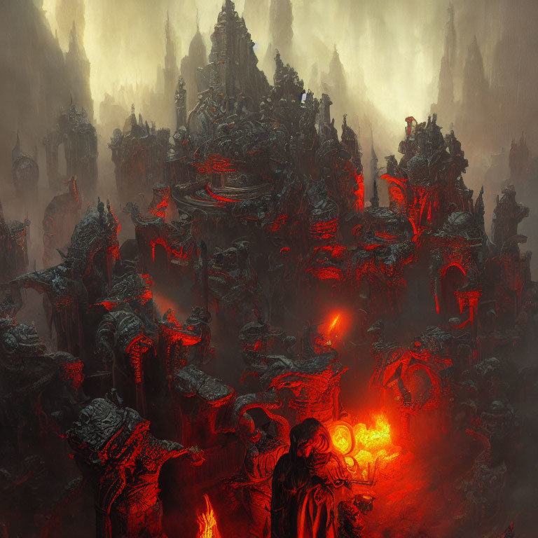 Dark Fiery Landscape with Glowing Forge and Decrepit Structures