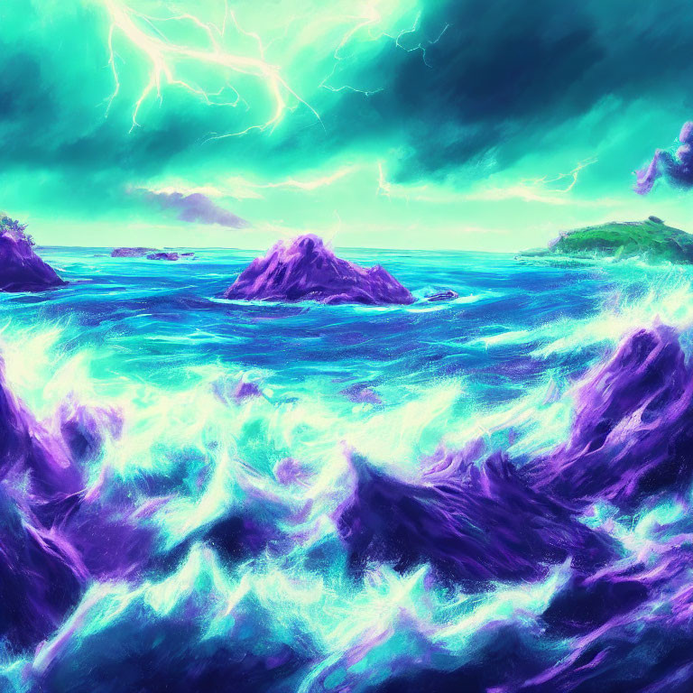 Stormy purple waves under greenish sky with lightning over dark rocky islands