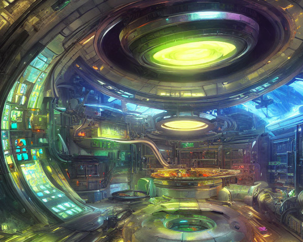 Futuristic sci-fi control room with glowing panels and holographic map