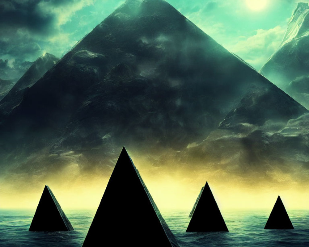 Black pyramids in water with misty mountains and glowing sun