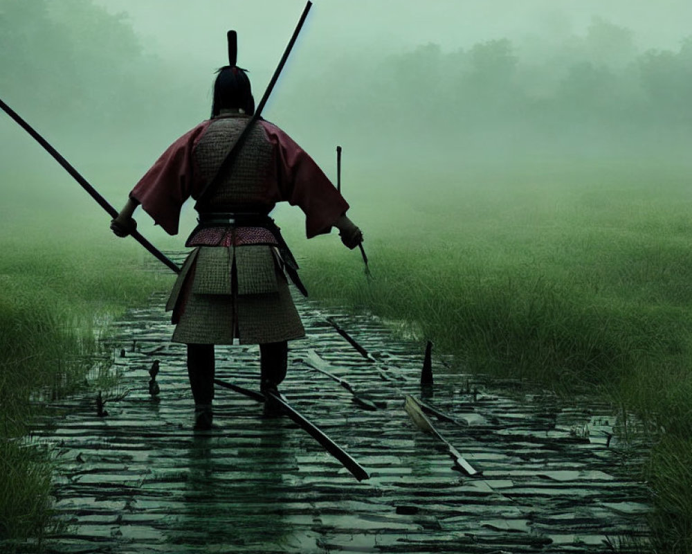 Traditional armor warrior on misty path with swords, facing serene green landscape