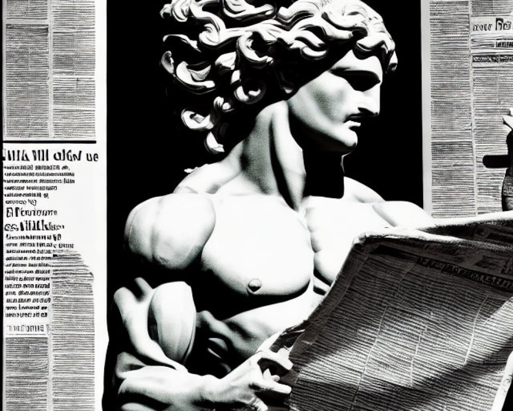 Monochrome sculpture holding newspaper amidst clippings