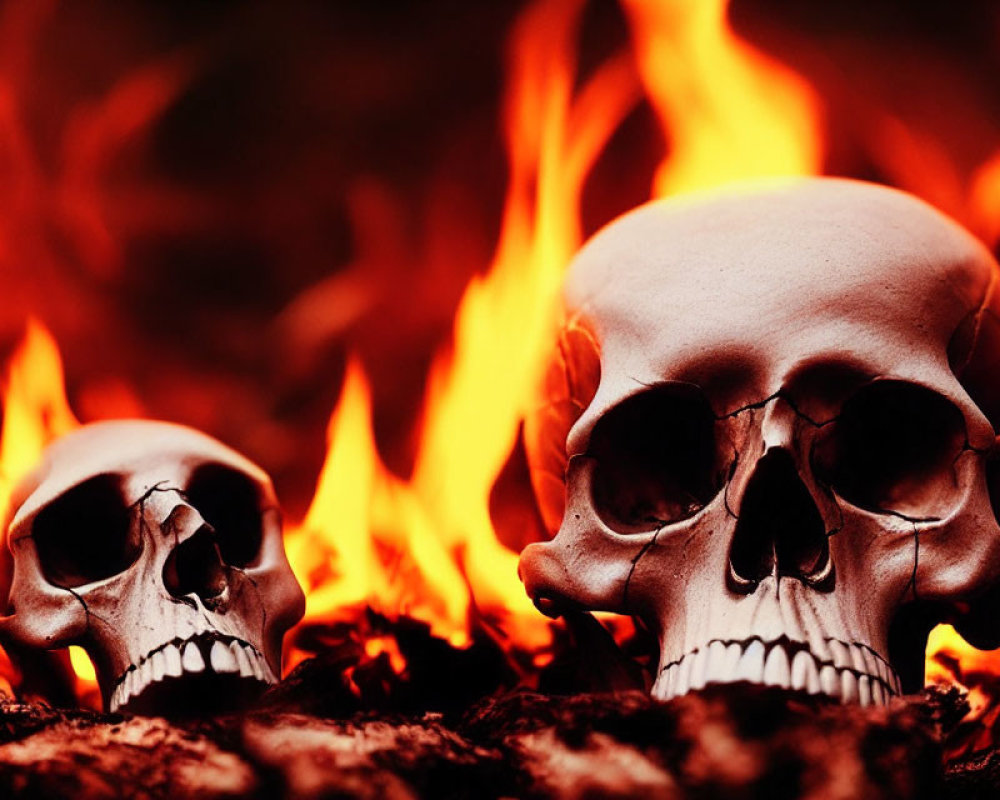 Two human skulls in front of intense flames