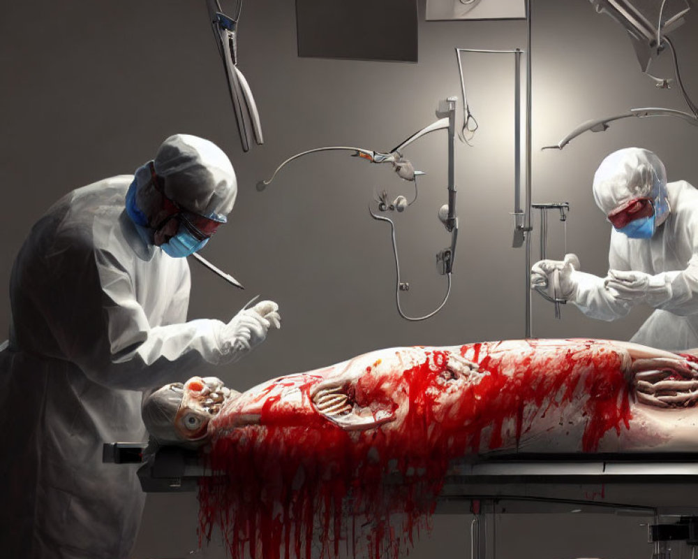 Two Hazmat Suit Individuals Examining Surreal Figure on Operating Table