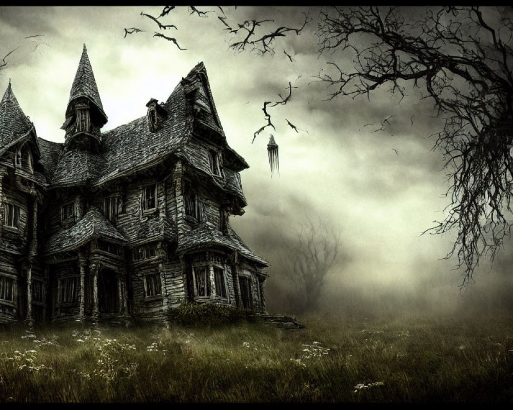 Desolate Victorian mansion in foggy setting