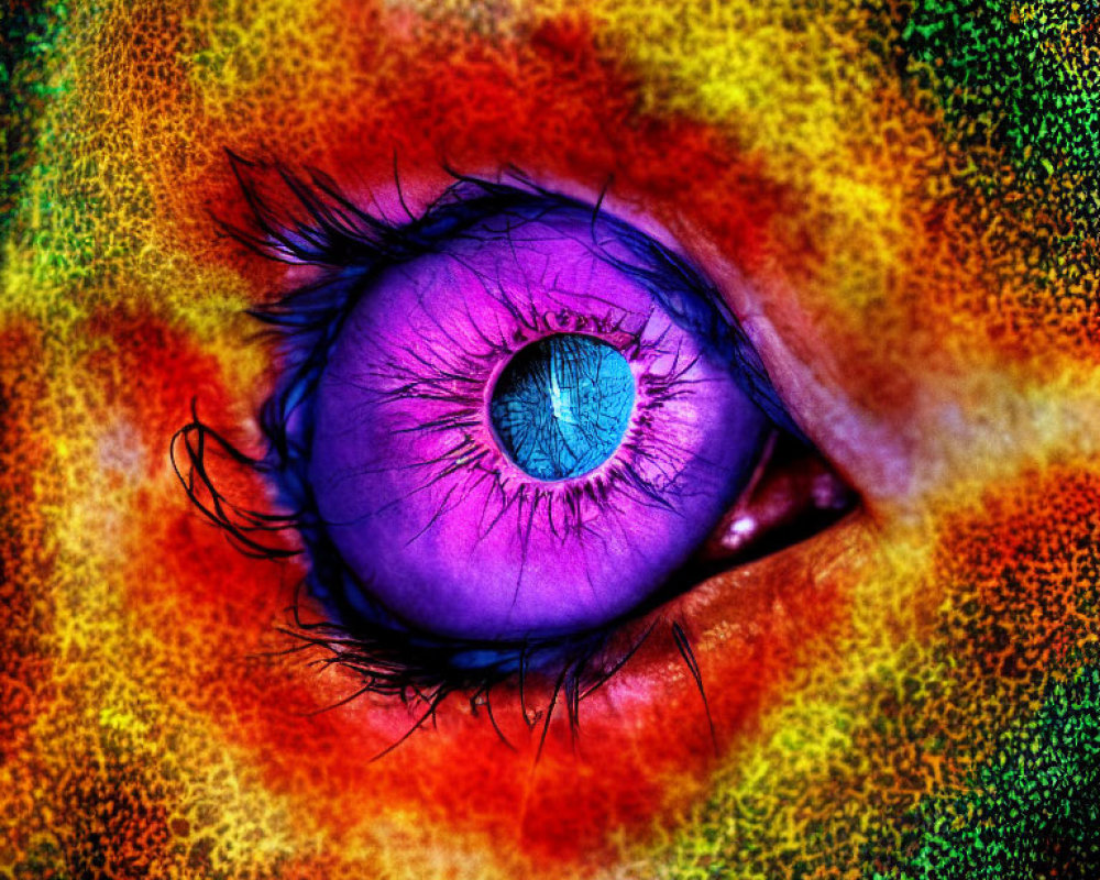 Close-up of human eye with purple iris and colorful patterns.