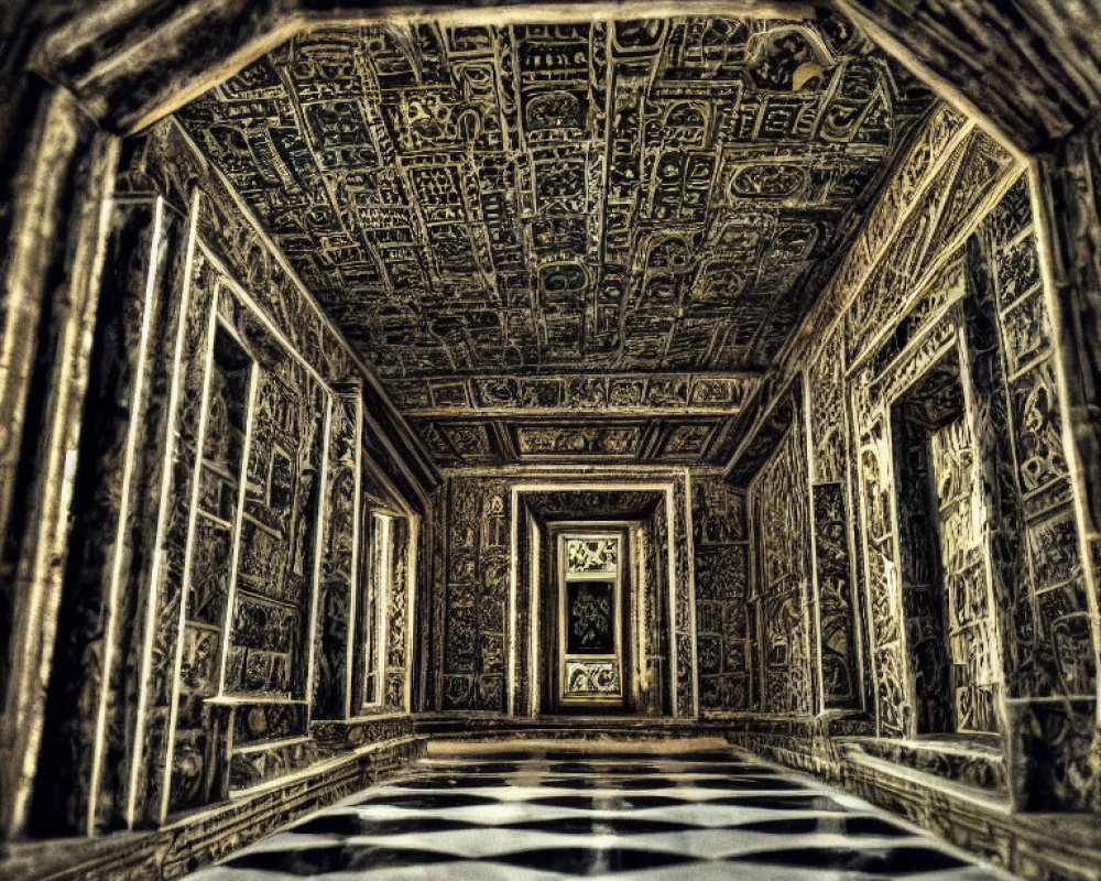 Luxurious Corridor with Intricate Ceiling Designs and Checkered Floor