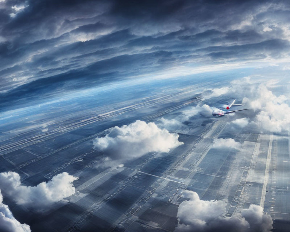 Airplane soaring through cumulus clouds with sun rays over fields