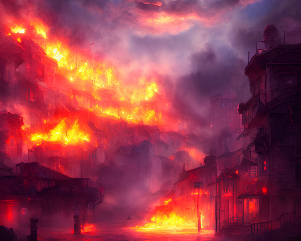 Intense urban fire scene with bright flames and ominous sky