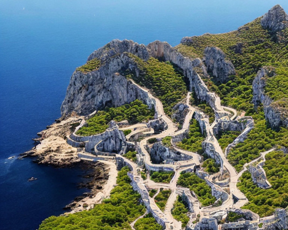 Aerial View of Winding Coastal Roads and Blue Sea