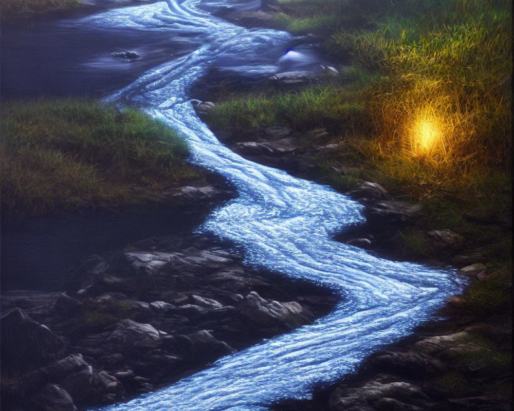 Bioluminescent stream winding through dark landscape with warm light in grass