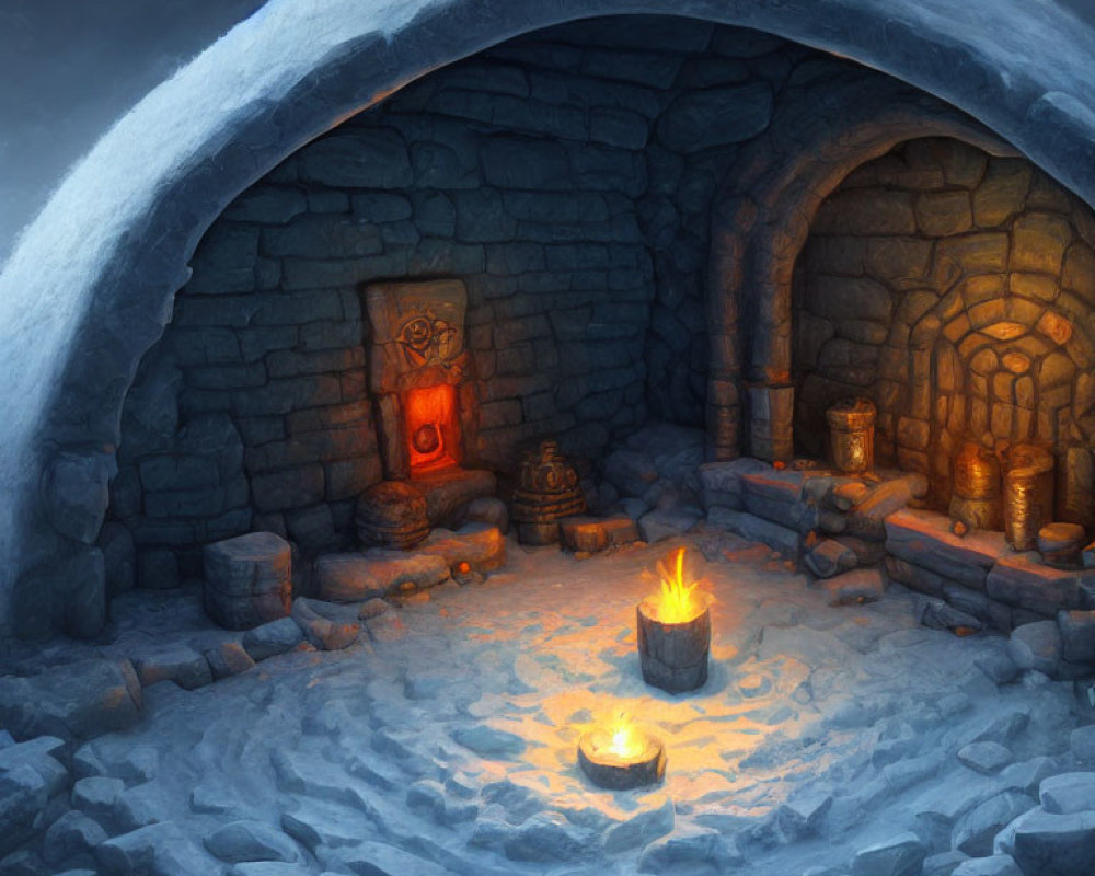 Subterranean room with fire in snowy landscape