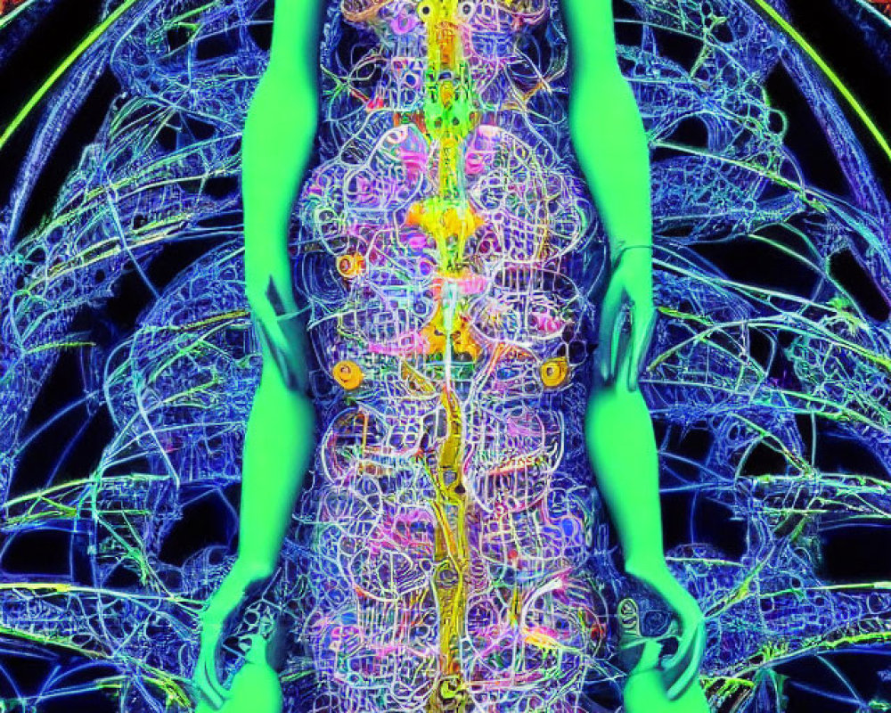 Neon-colored digital artwork of human-like figure with intricate patterns and circuits.