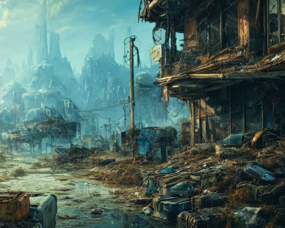 Dilapidated post-apocalyptic cityscape with abandoned vehicles and overgrown streets