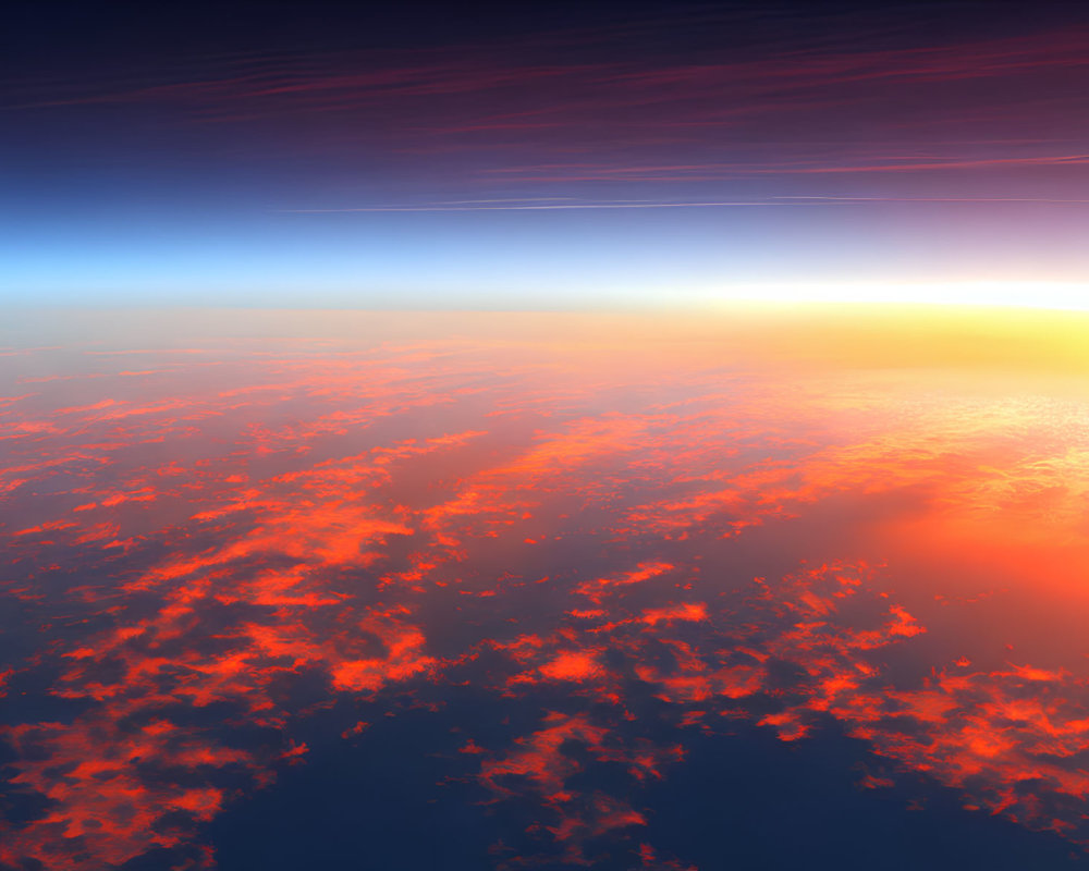 Vibrant orange and red sunset over Earth with curved planet and cloud formations