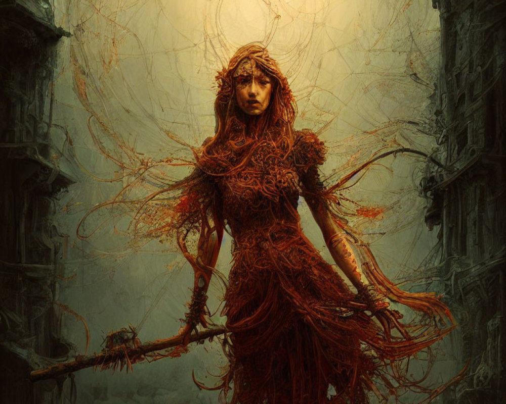 Ethereal female figure in red garb with staff in Gothic architectural setting