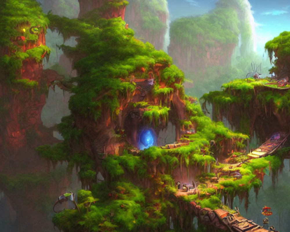 Verdant floating islands with waterfalls and blue orb in mystical landscape