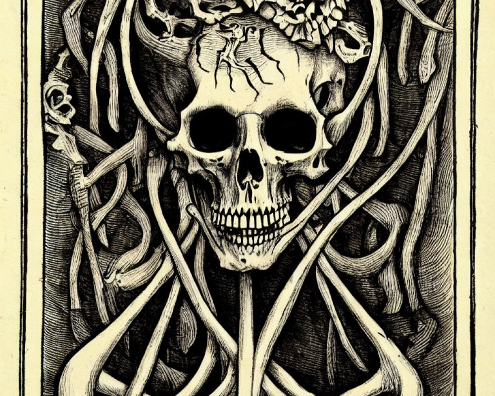 Detailed Skull Illustration with Floral and Vine Patterns in Monochromatic Etching Style