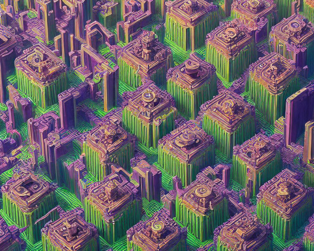 Colorful 3D geometric structures in purple and green