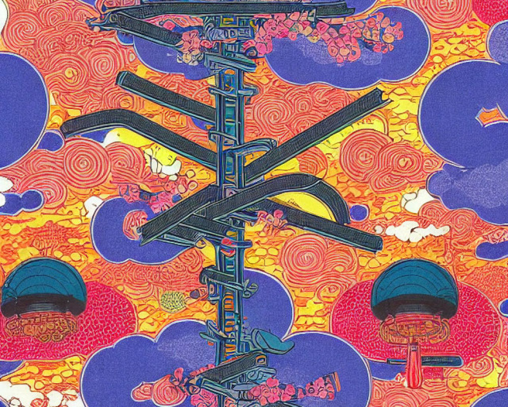 Colorful Japanese Pagoda Illustration with Floating Lanterns