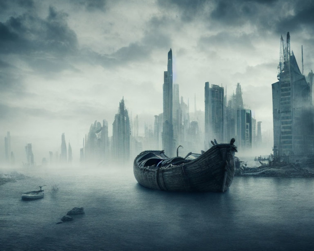 Derelict skyscrapers and abandoned boat in misty dystopian cityscape.