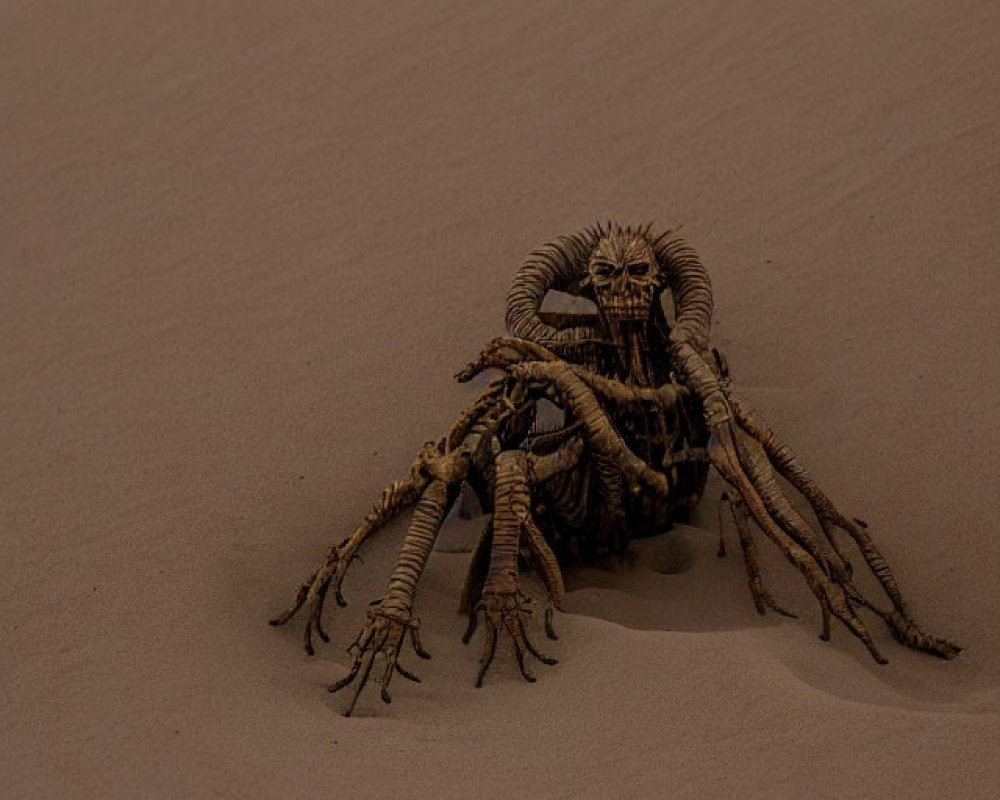 Miniature mythical creature figurine on sand under orange twilight sky