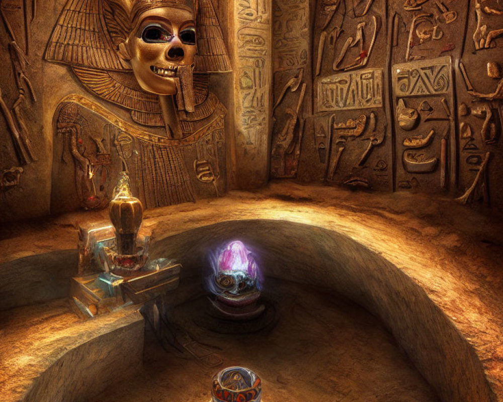 Ancient Egyptian tomb with sarcophagus, hieroglyphics, artifacts, and glowing orb