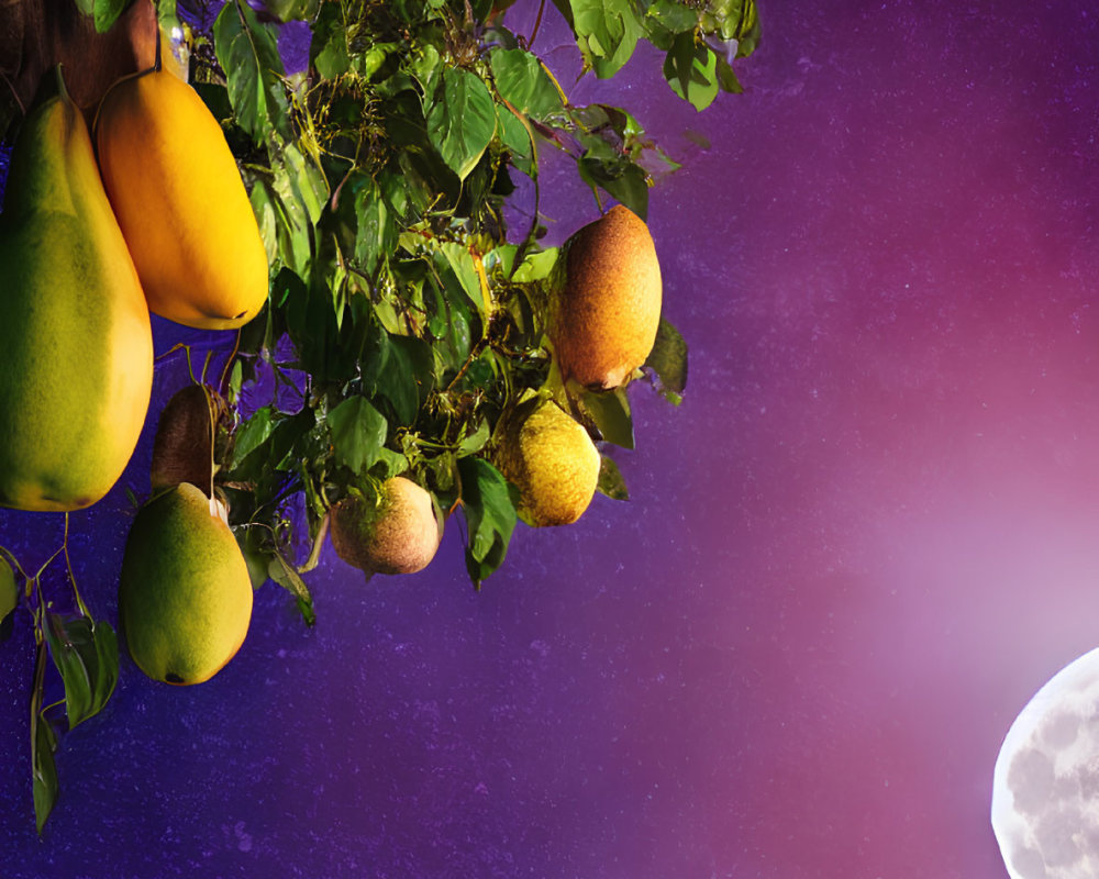 Ripe pears on tree branch under purple sky with moon & planet