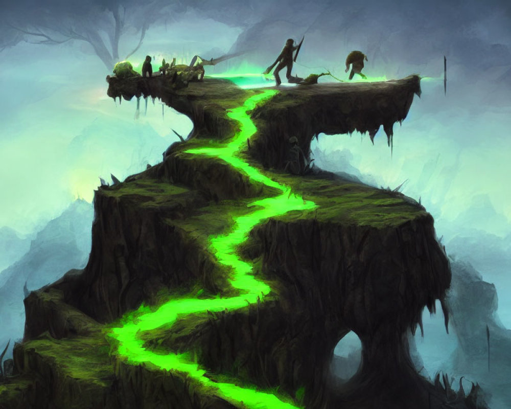 Digital artwork of floating island with glowing green path and mystical creatures