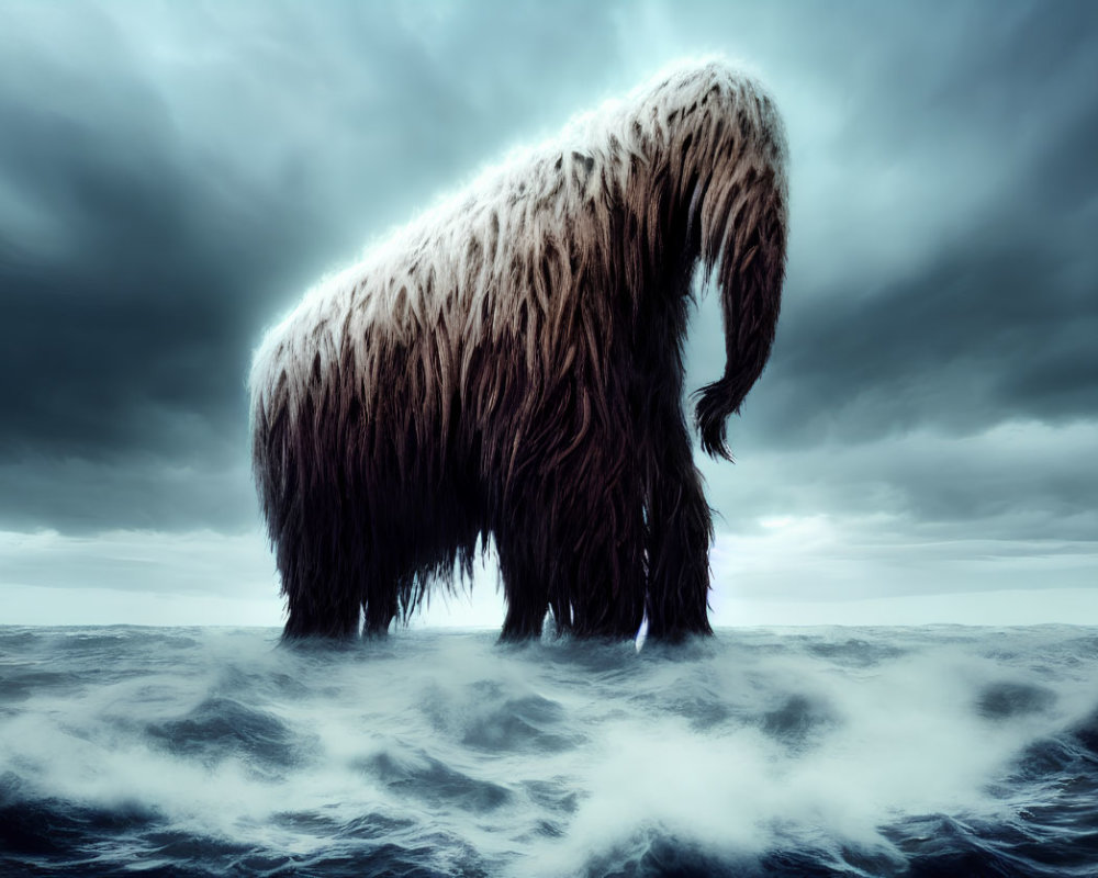 Shaggy creature in misty ocean under stormy sky