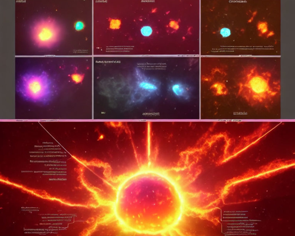 Astronomical Phenomena Collage and Detailed Sun Illustration with Annotations