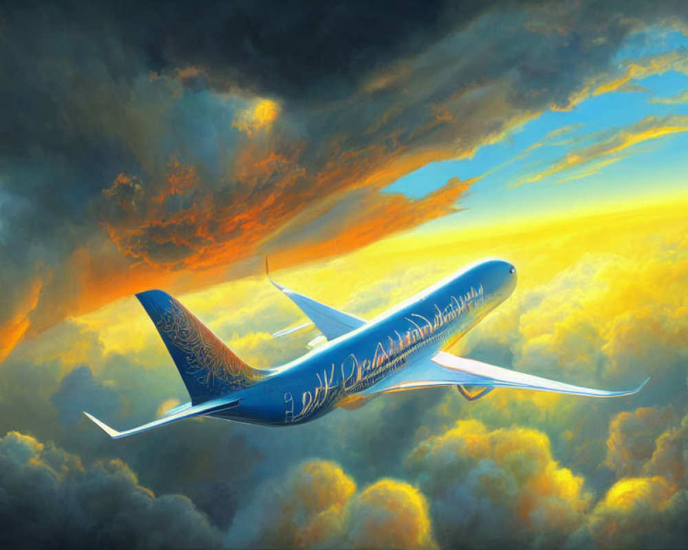 Airplane soaring through vibrant orange and yellow clouds in dramatic sky