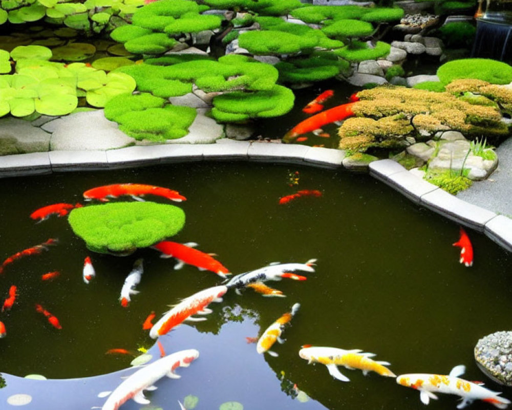 Tranquil Koi Pond with Orange and White Fish among Lily Pads