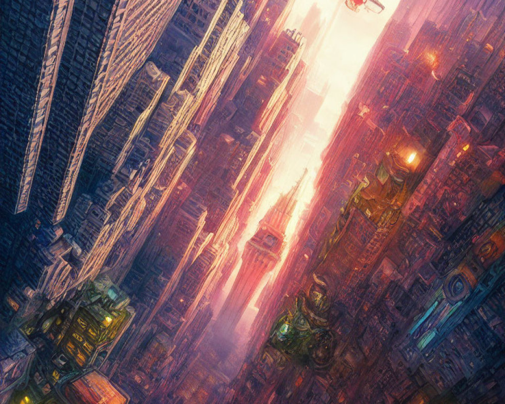 Futuristic cityscape with skyscrapers, neon lights, sunset, and flying vehicle