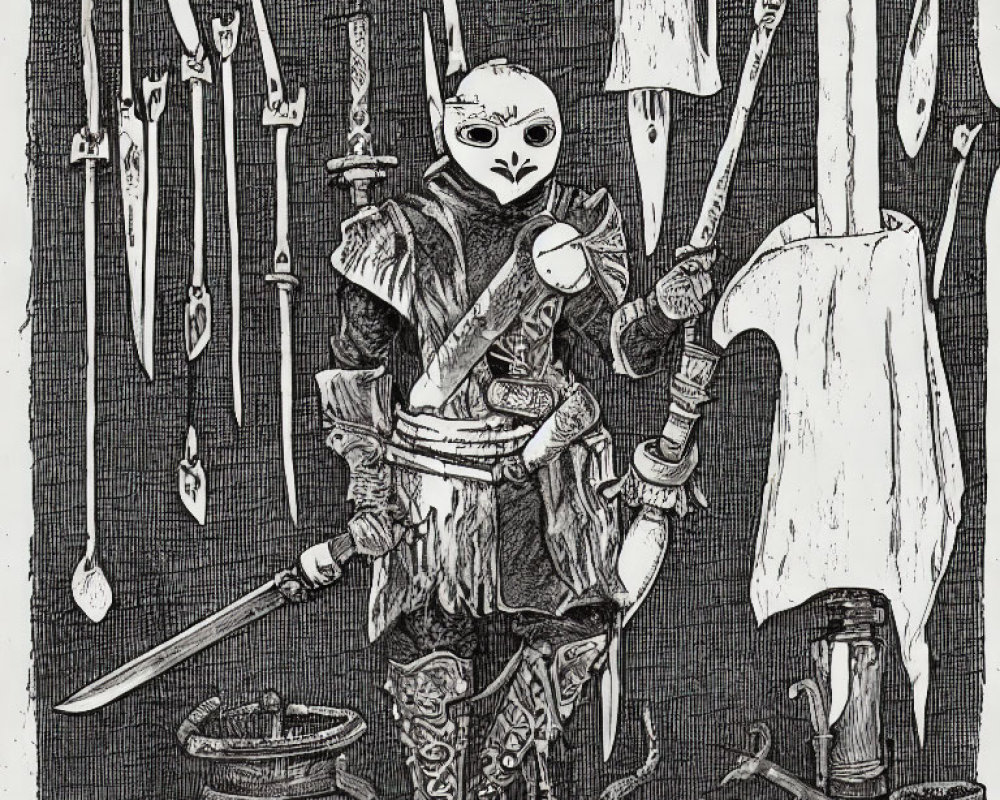 Monochrome illustration of bird-like warrior in armor with sword and medieval weapons.