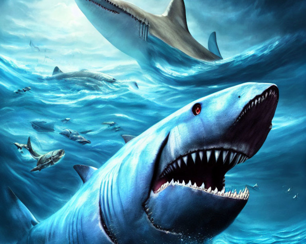 Realistic digital painting of two ferocious sharks underwater