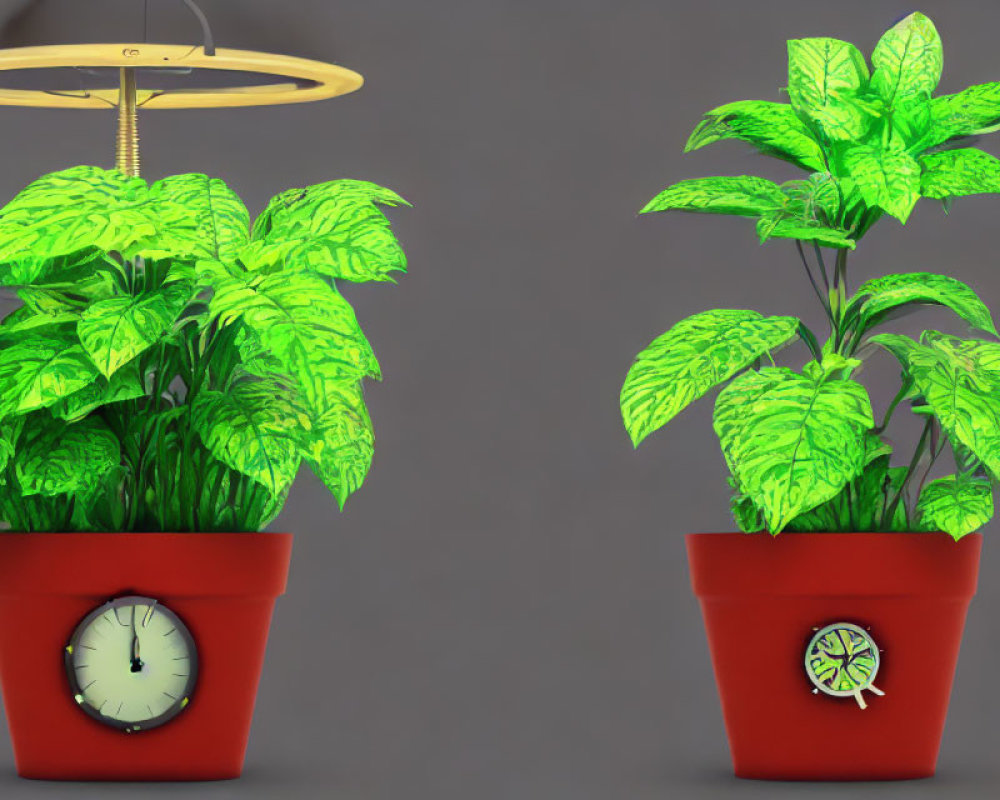 Green leaf potted plants with clock and compass, under chandelier on gray backdrop