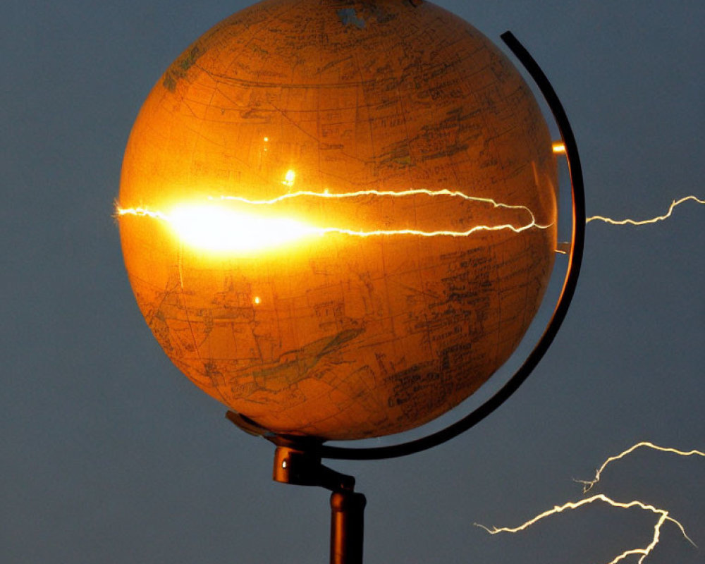 Illuminated World Globe with Lightning Streak in Twilight Sky