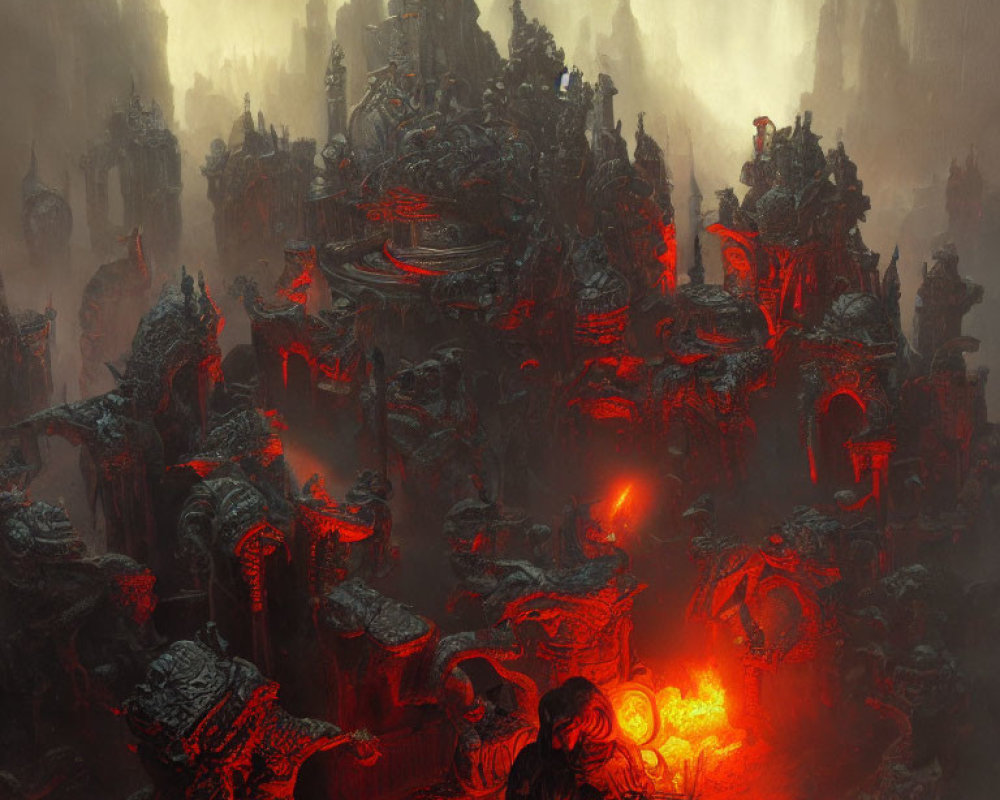 Dark Fiery Landscape with Glowing Forge and Decrepit Structures