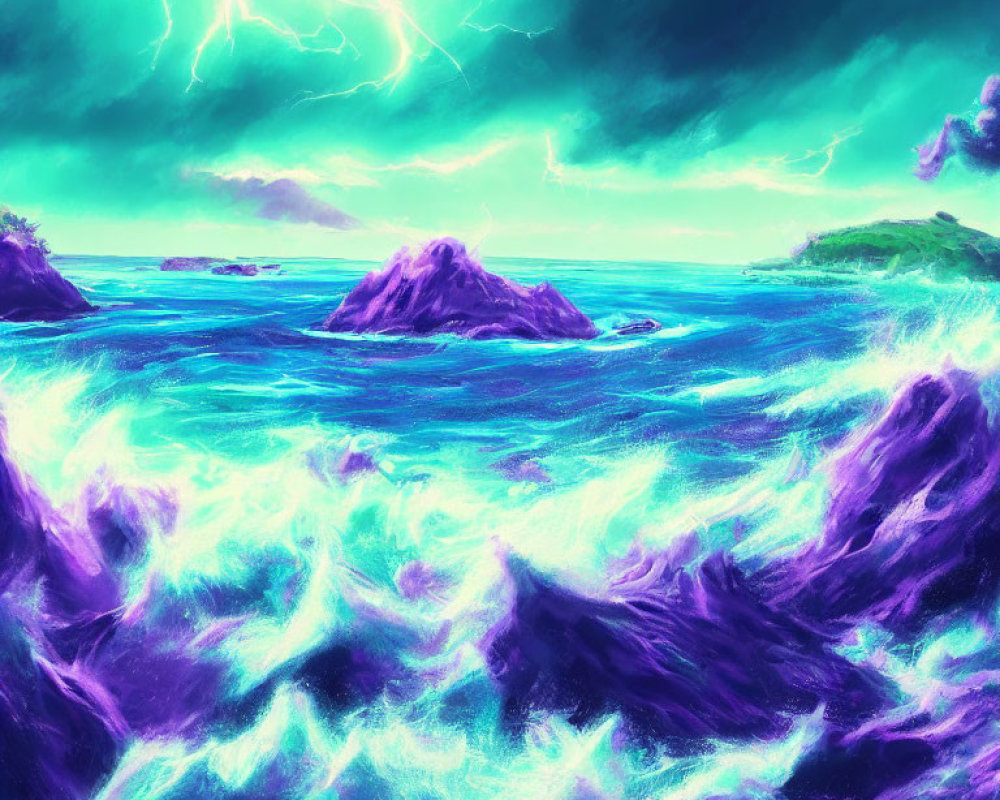 Stormy purple waves under greenish sky with lightning over dark rocky islands