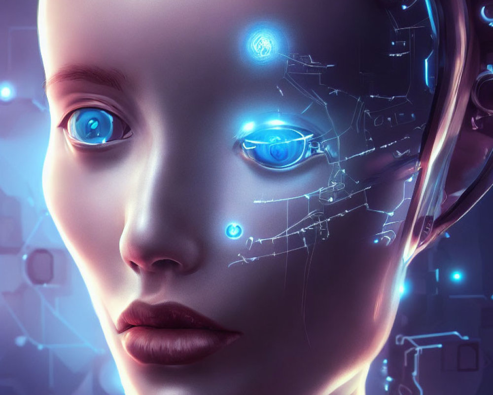 Detailed close-up of female android with illuminated blue eyes and cybernetic face.