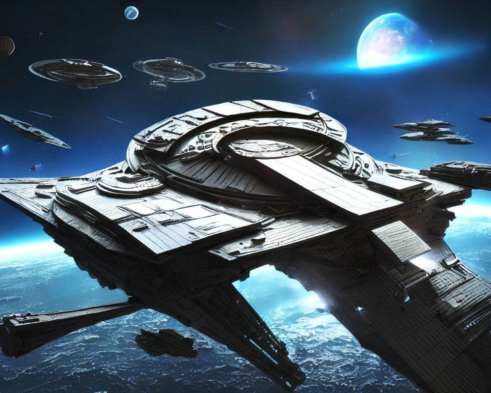 Detailed Digital Artwork: Massive Spaceship Surrounded by Fleet in Space