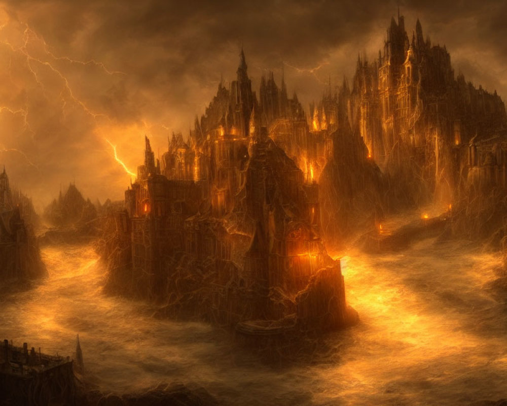 Gothic Dark Fantasy Castle in Fiery Lava Stormscape