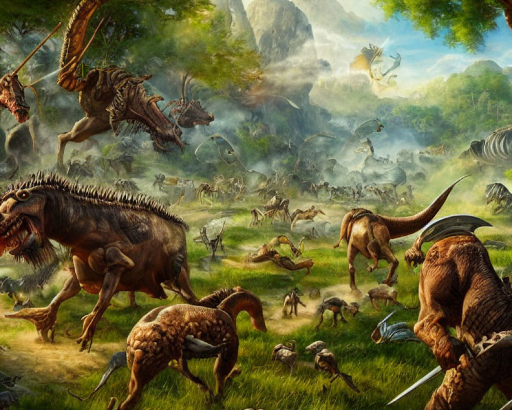 Prehistoric dinosaurs in lush green landscape with misty mountains