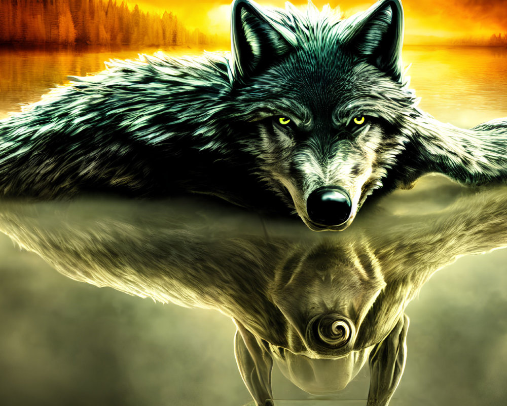 Digital Art: Wolf with Green Eyes Reflected in Water, Orange Forest Background