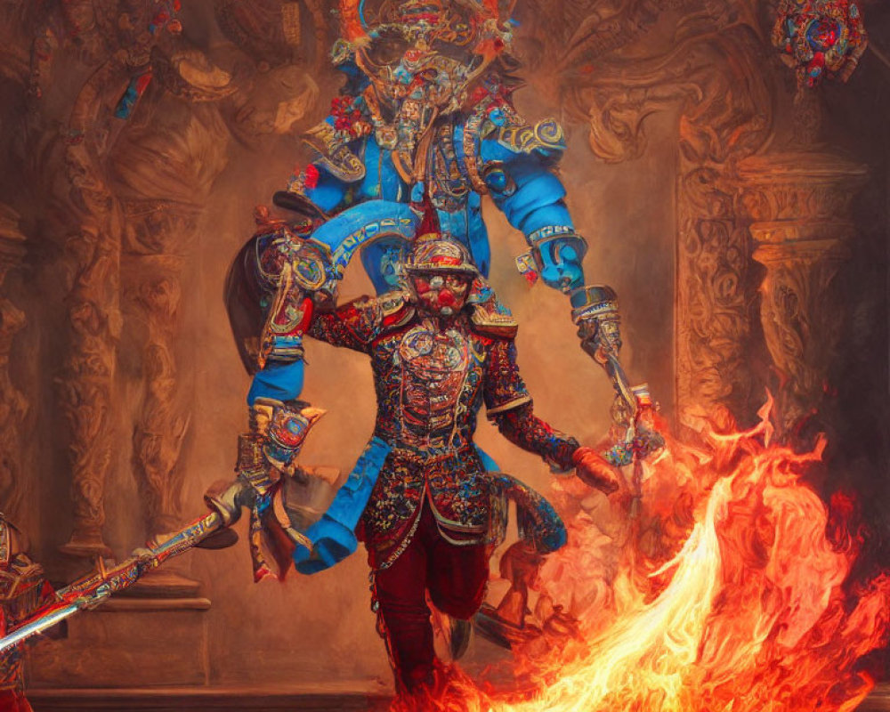 Colorful depiction of multi-armed warrior in ornate armor with weapon and fire.