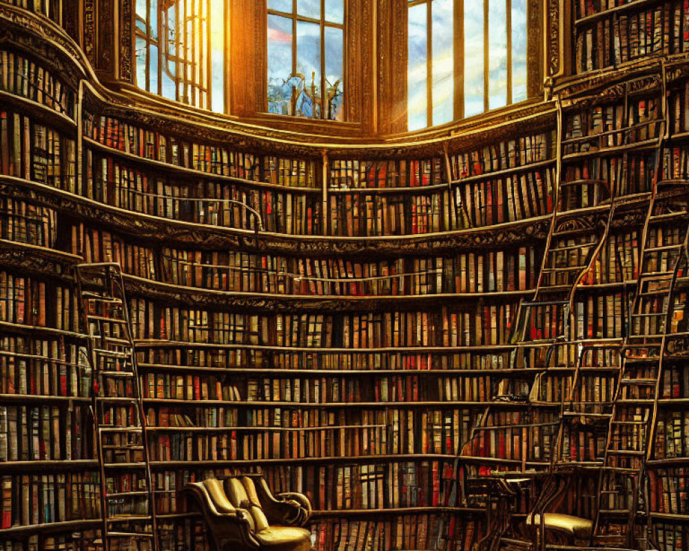 Circular library with tall bookshelves and leather armchair in sunlight